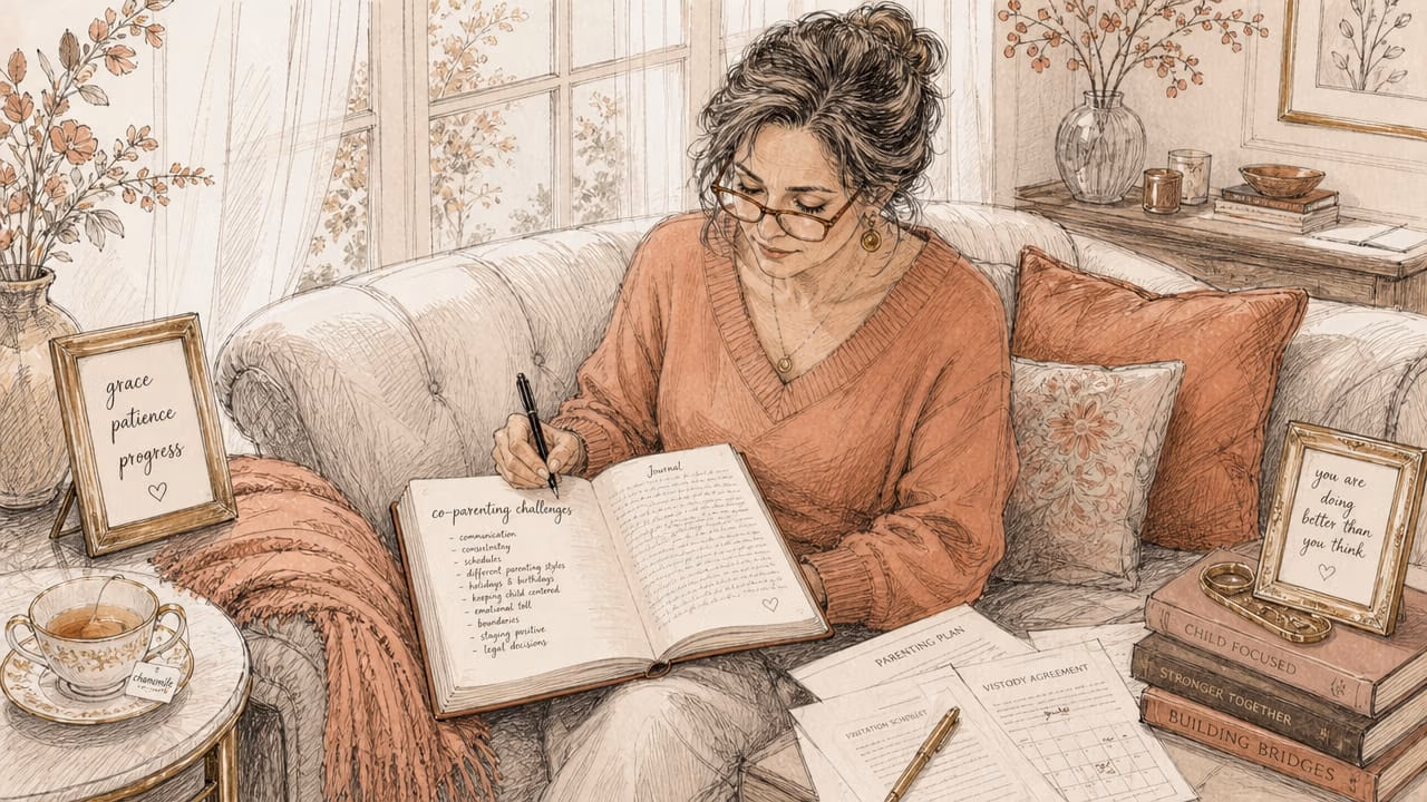 Woman writing co-parenting journal at kitchen table
