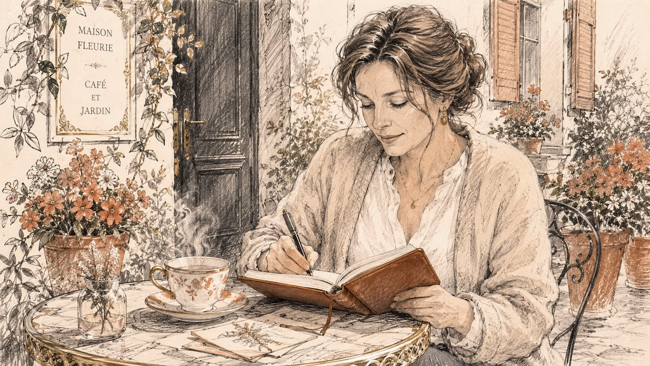 Woman calmly writing in journal at kitchen table