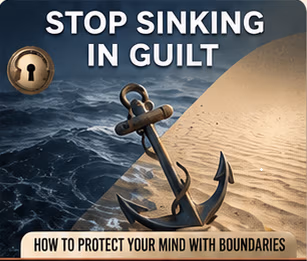 Illustration of a ship's anchor on a beach between ocean waves and sand dunes, representing protecting your mind with boundaries