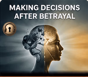 Illustration of a face split between fractured dark texture and warm golden light, representing decision-making after betrayal