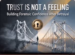 Illustration of a suspension bridge split between icy blue and warm gold tones with a figure walking across, representing rebuilding trust after betrayal