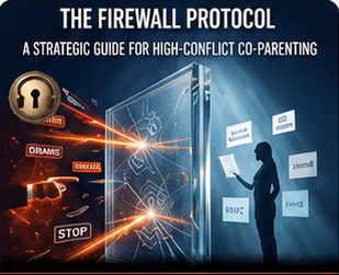 Illustration of a silhouette facing a glass barrier with red warning text and light beams, representing a communication firewall for co-parenting