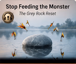 Illustration of a smooth stone resting calmly in still water surrounded by butterflies, representing the Grey Rock method