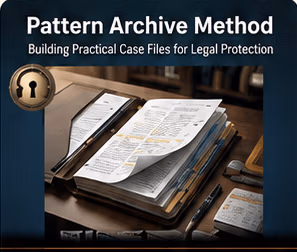 Illustration of an organised stack of documents on a desk, representing building a pattern archive for legal protection