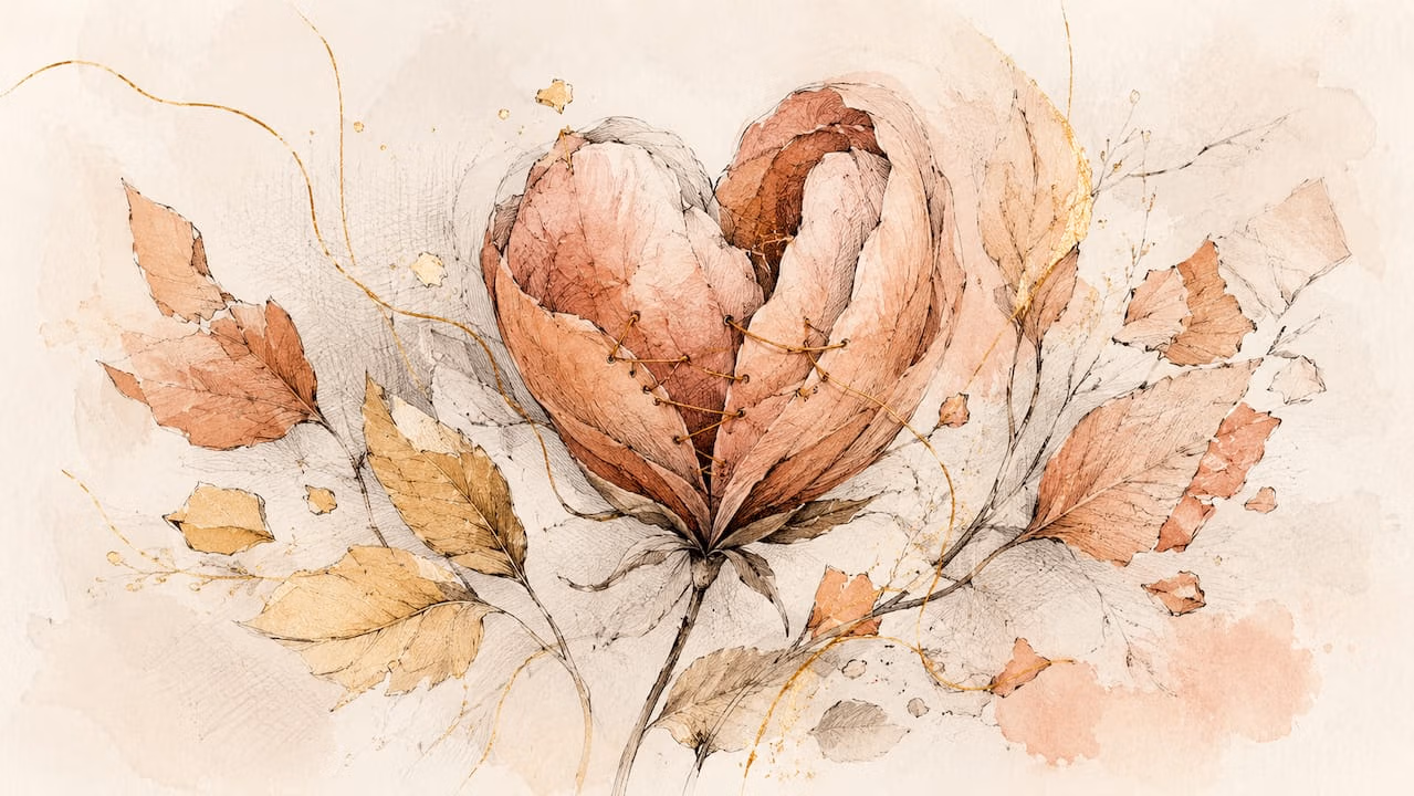 Watercolor abstract of broken heart mended with threads