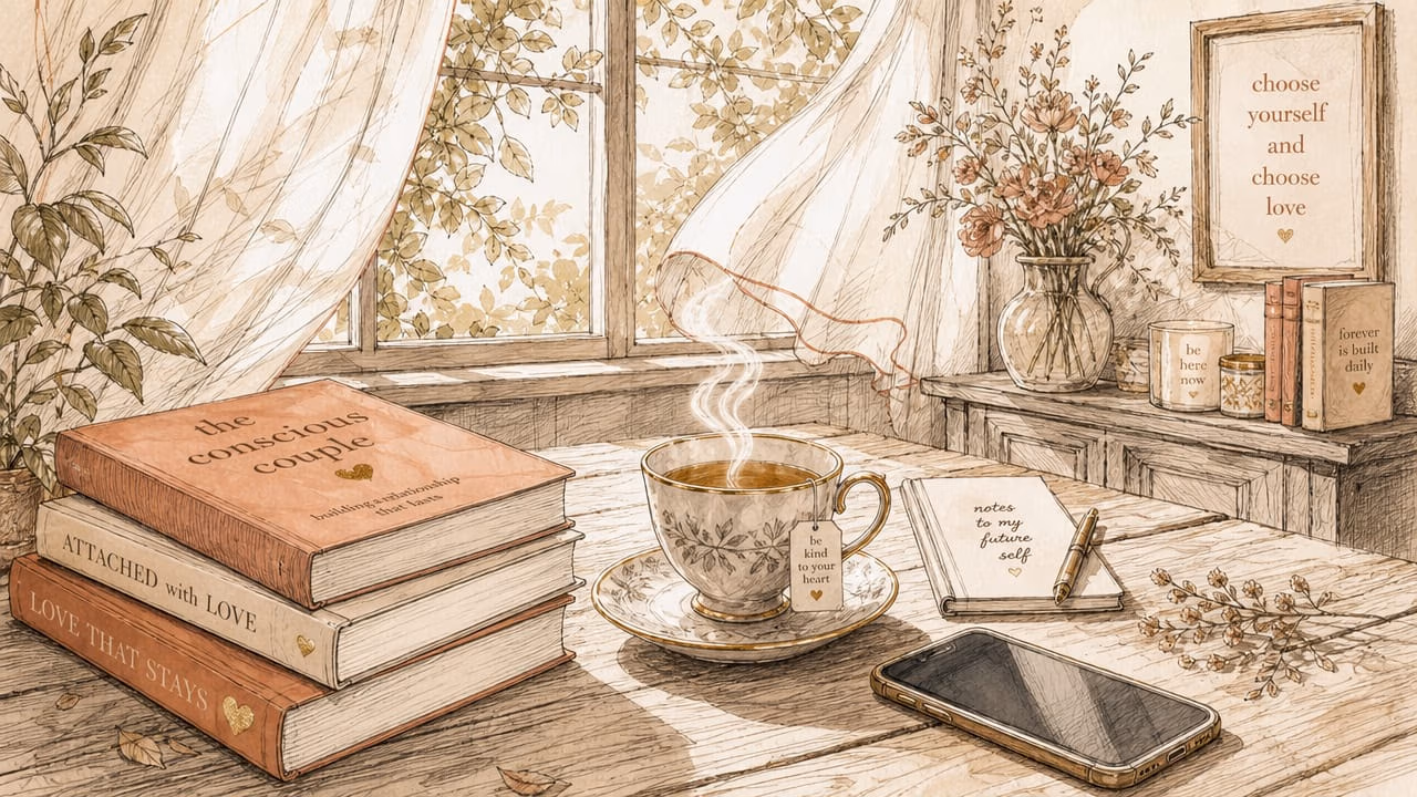 Watercolor soft pastel study desk scene symbolizing relationship healing