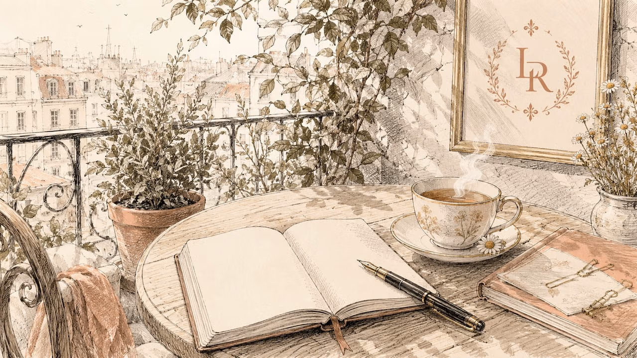 Watercolor coffee table with notebook and tea