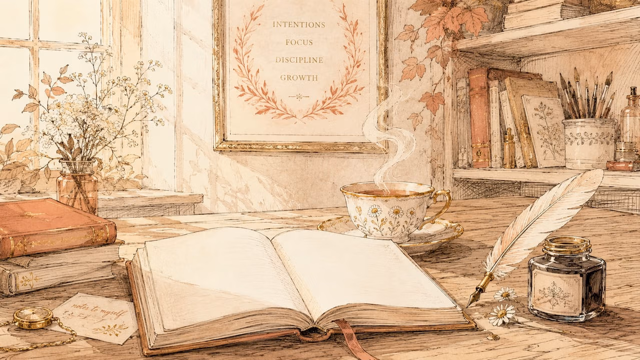 Watercolor desk with journal and tea