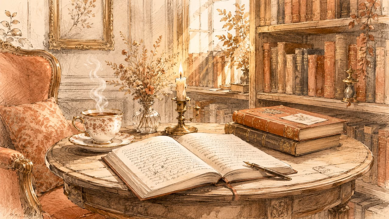 Watercolor style close-up of desk with letters and clock