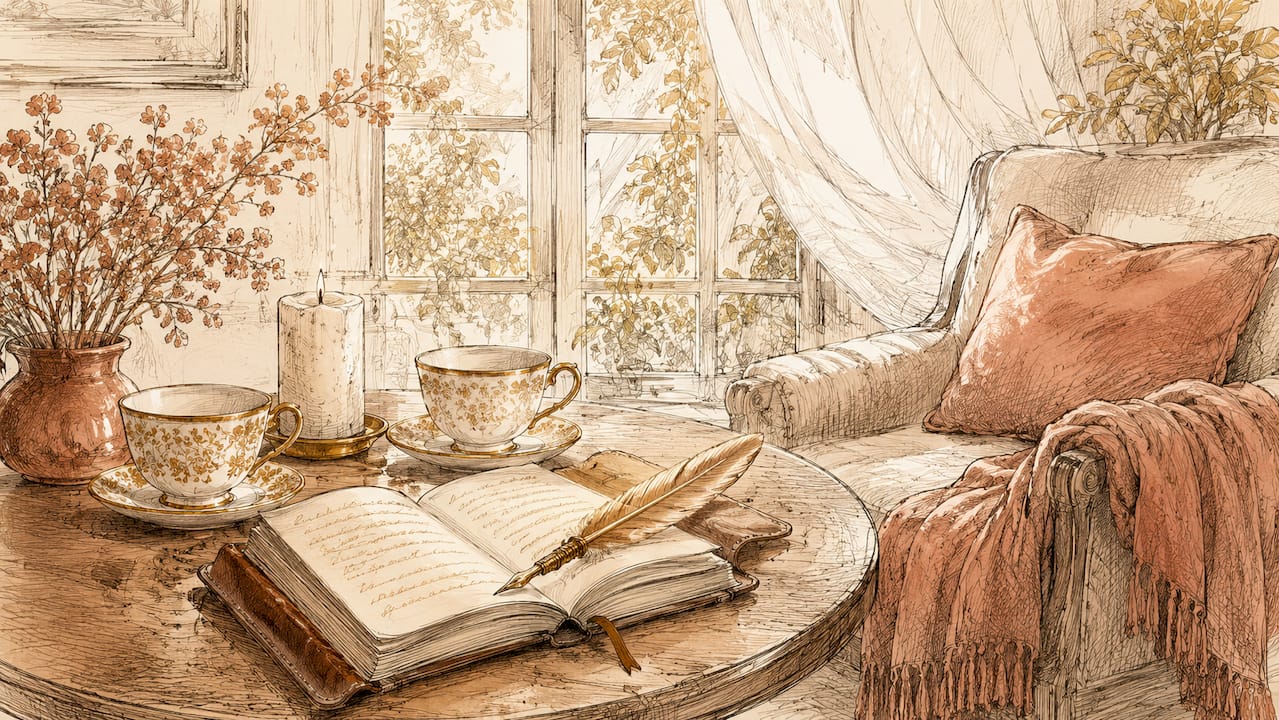 Watercolor scene of cozy couple's ritual space