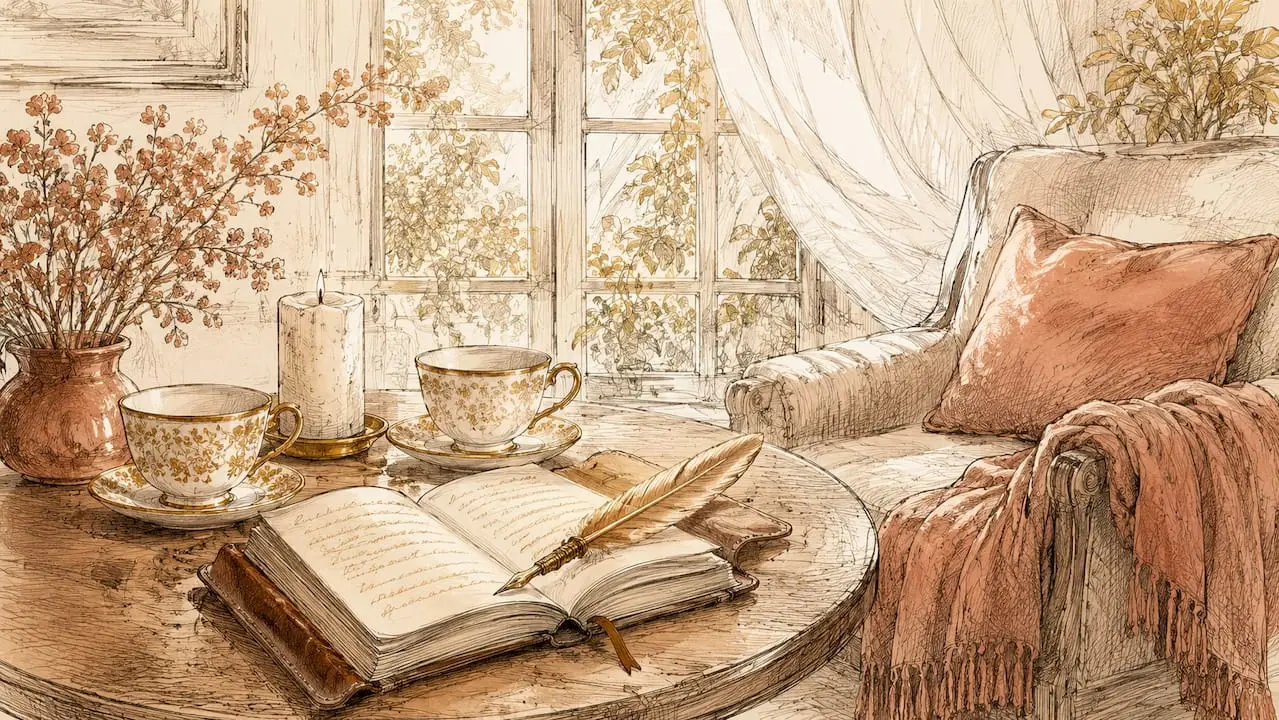 Watercolor scene of cozy couple's ritual space