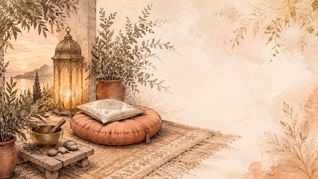 Watercolor pastel meditation corner with cushion and singing bowl