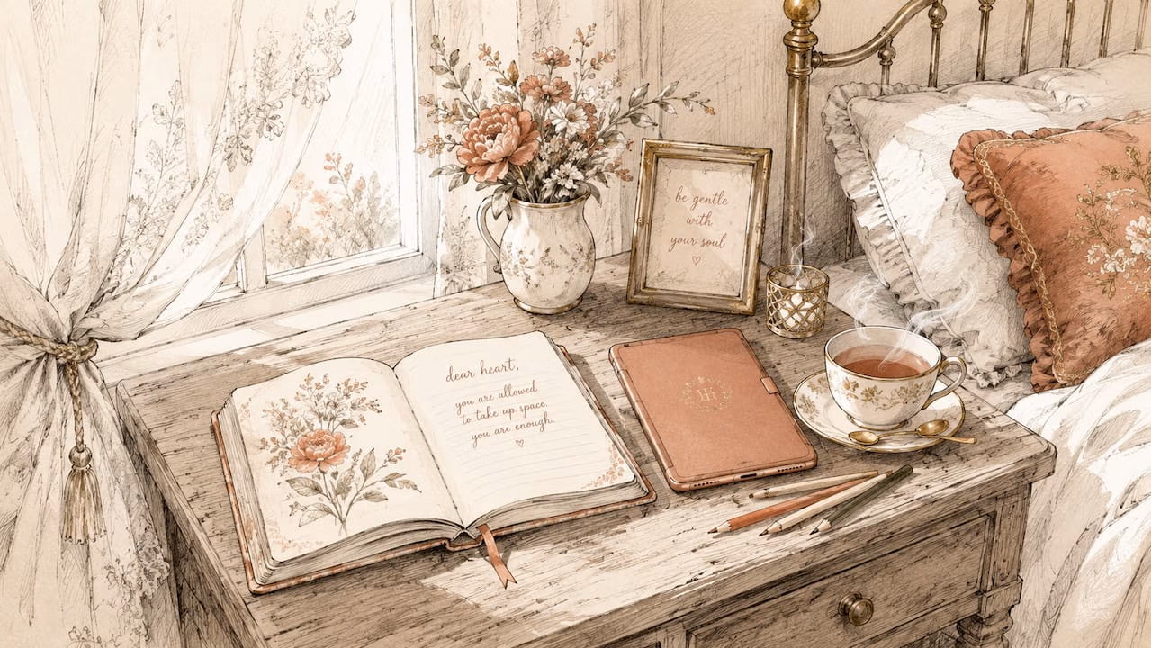 Pastel watercolor of a peaceful study desk with journal and tea