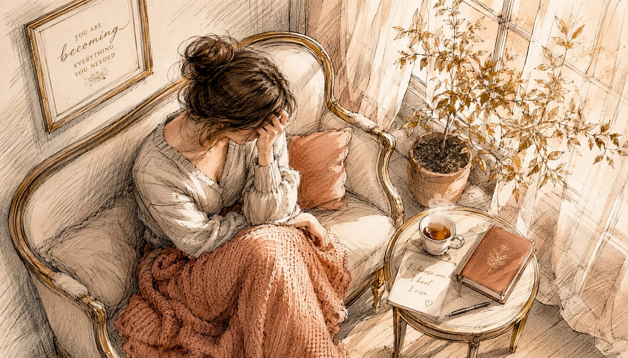 Watercolor woman in distress on sofa