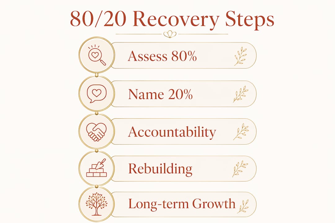 Infographic displaying five recovery steps for infidelity 80/20 rule