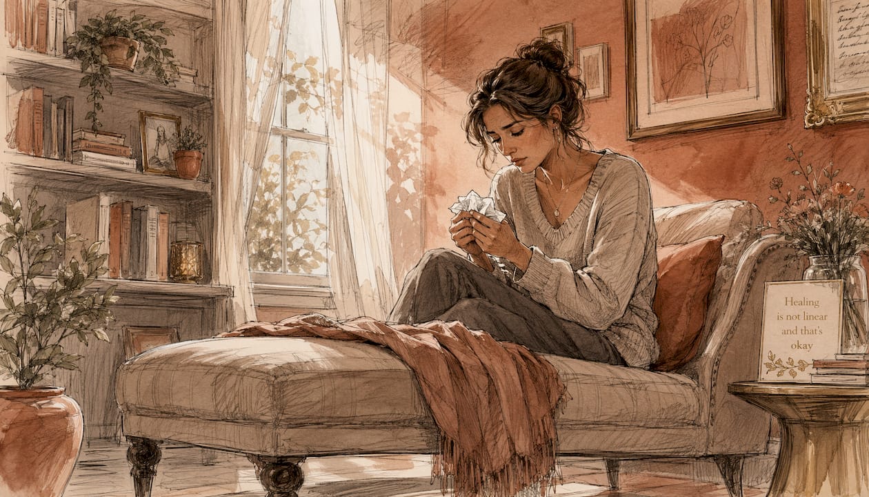 Woman in soft pastel room reflecting sadness