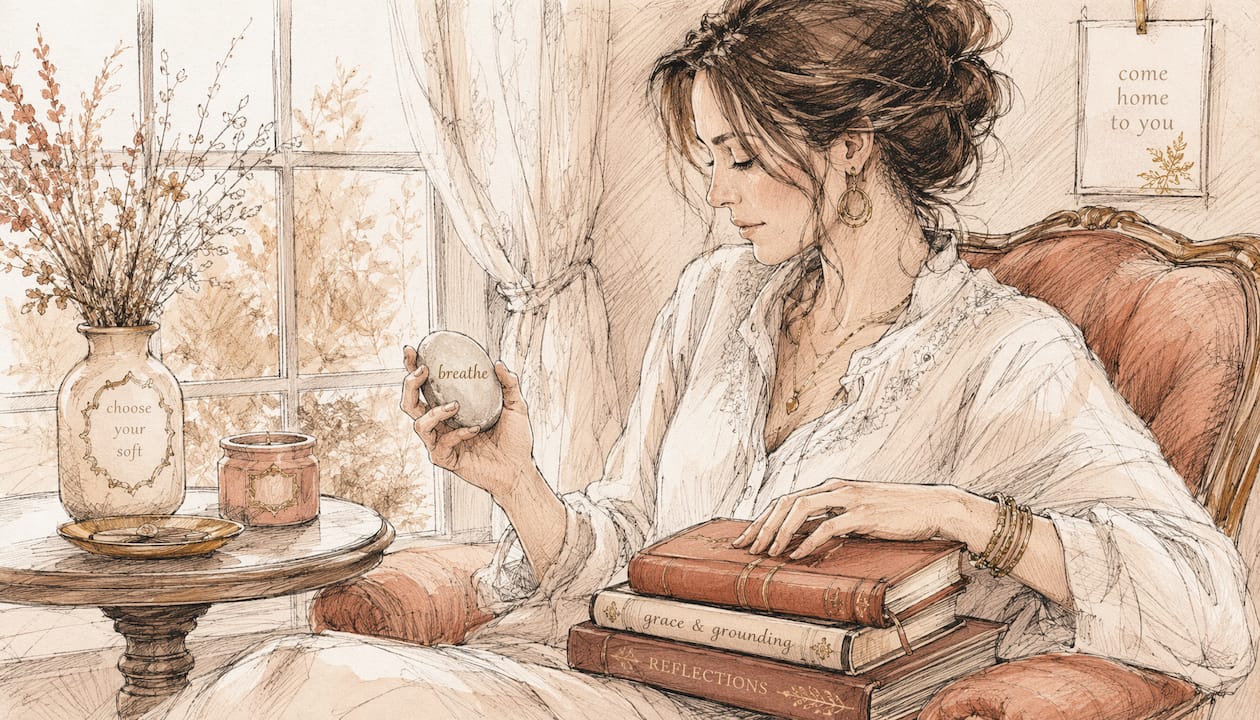 Watercolor pastel woman holding a comfort stone