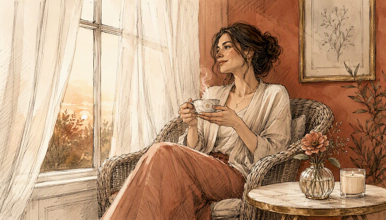 Woman calmly setting boundary with cup of tea