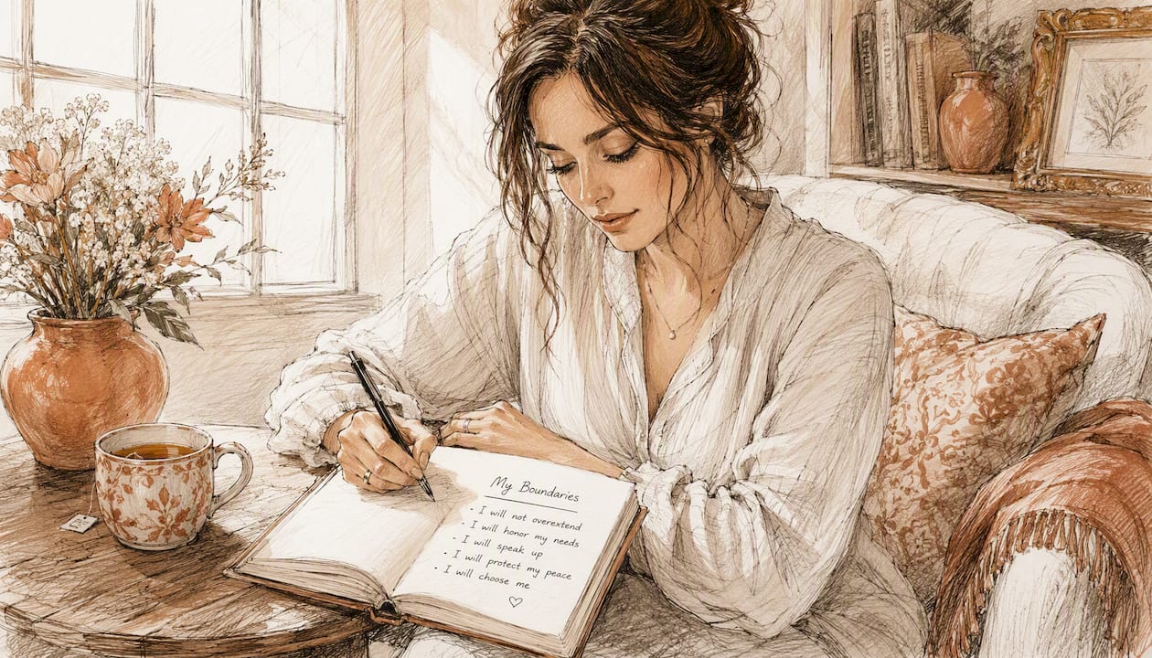 Woman writing boundaries in journal
