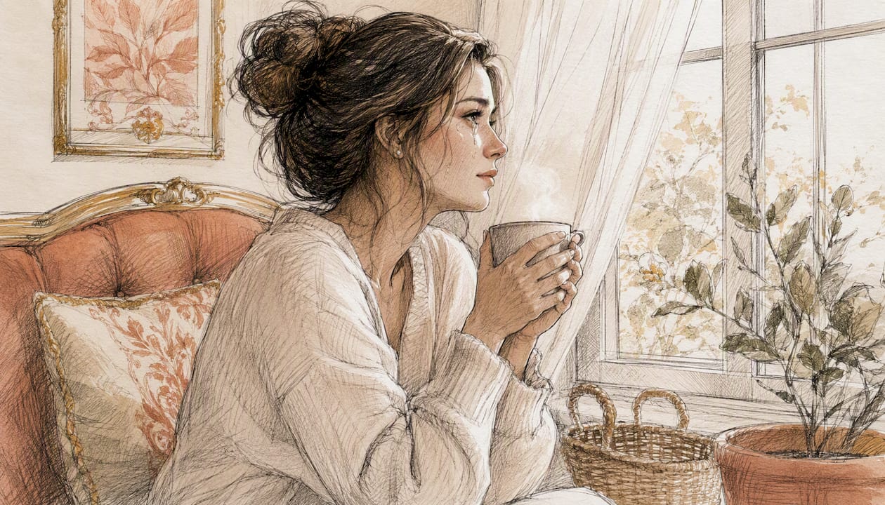 Watercolor woman distressed by window
