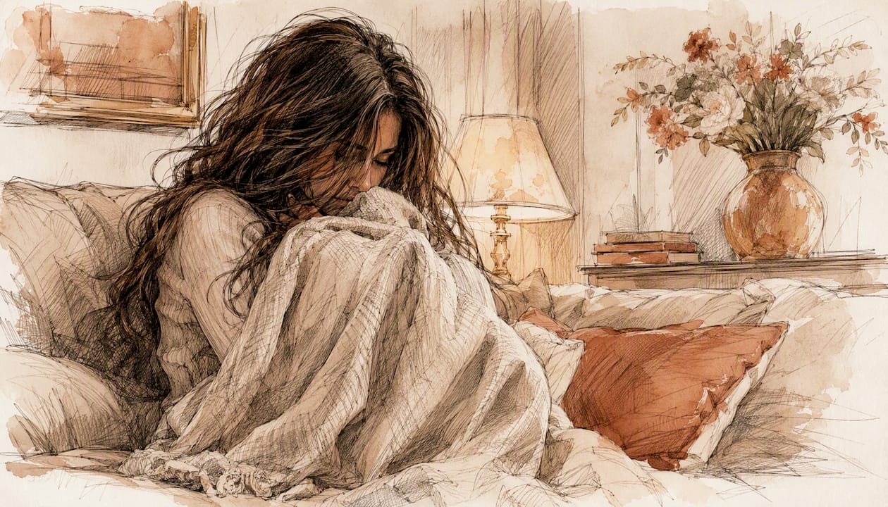 Watercolor woman anxious in armchair
