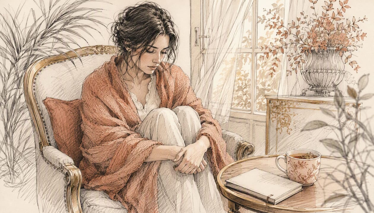 Watercolor painting of woman in distress sitting quietly