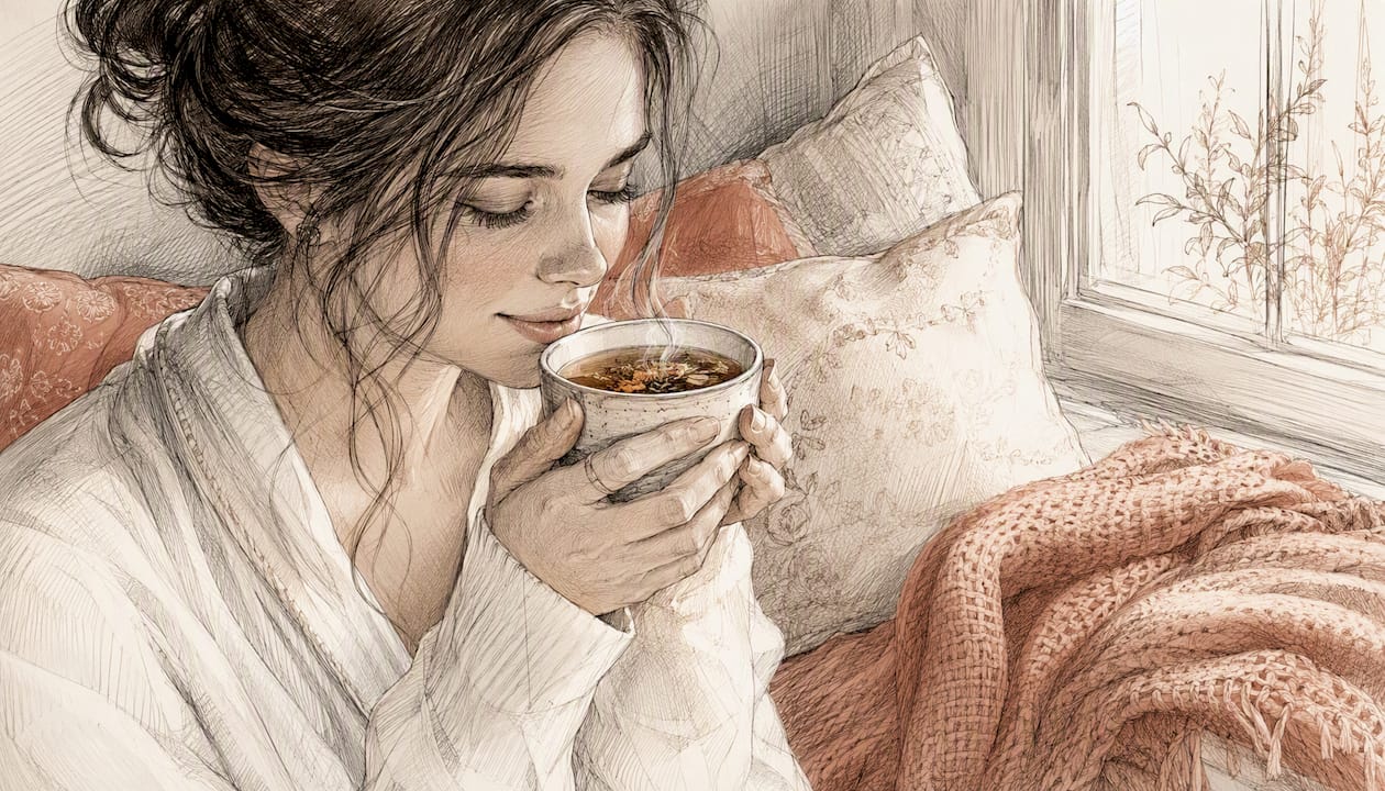 Watercolor of woman pouring tea in calming home setting