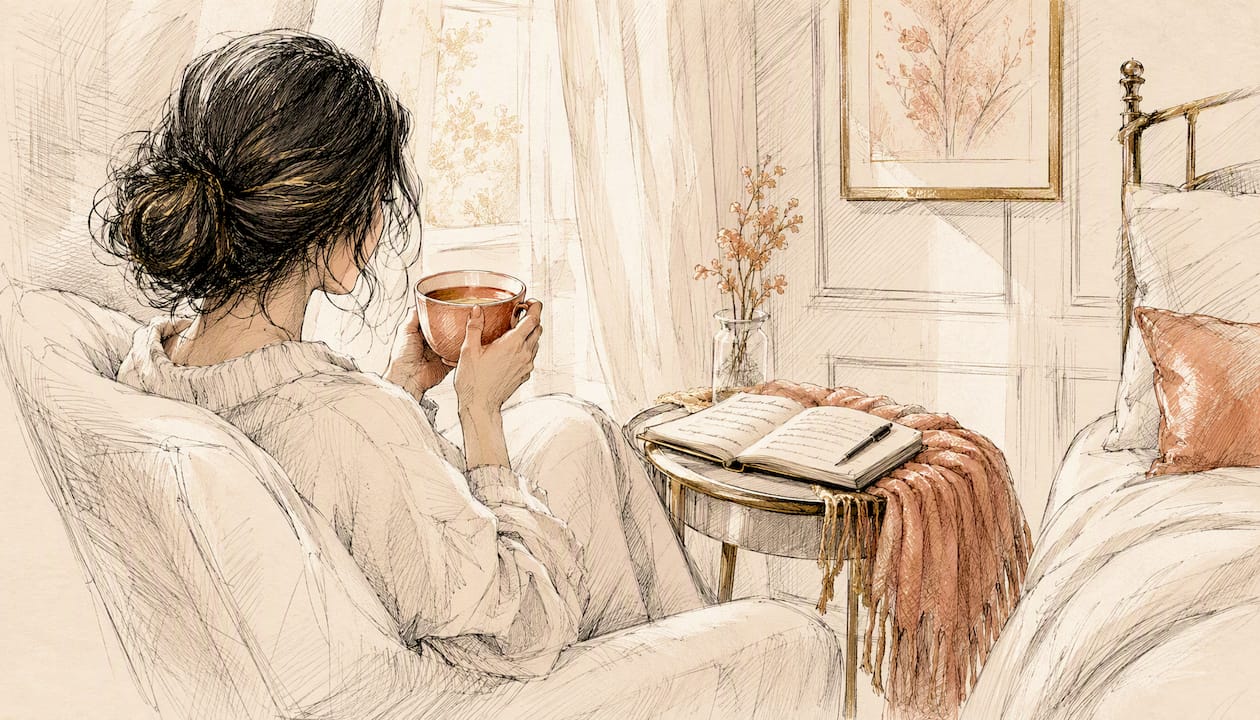 Watercolor woman in healing reflection at home