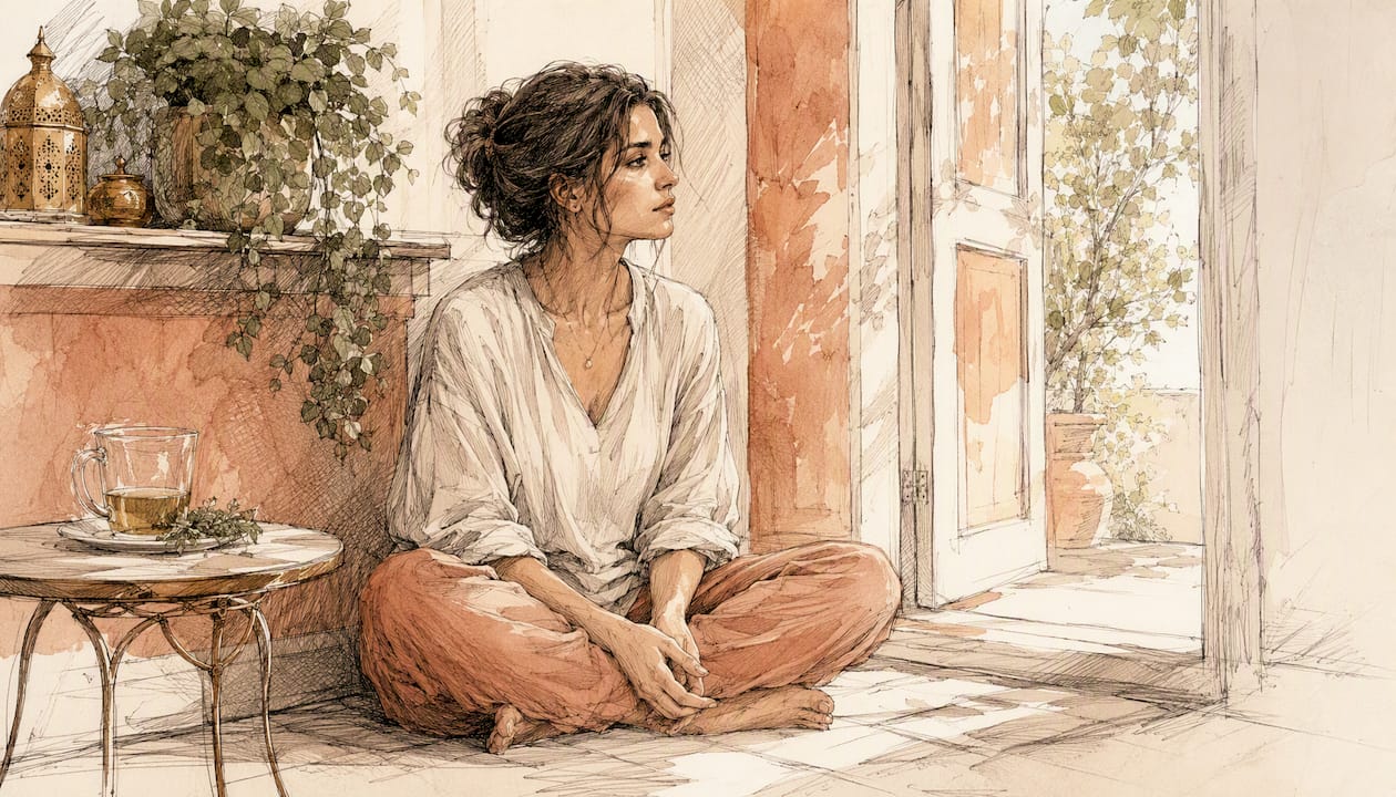 Woman in distress sitting on window bench