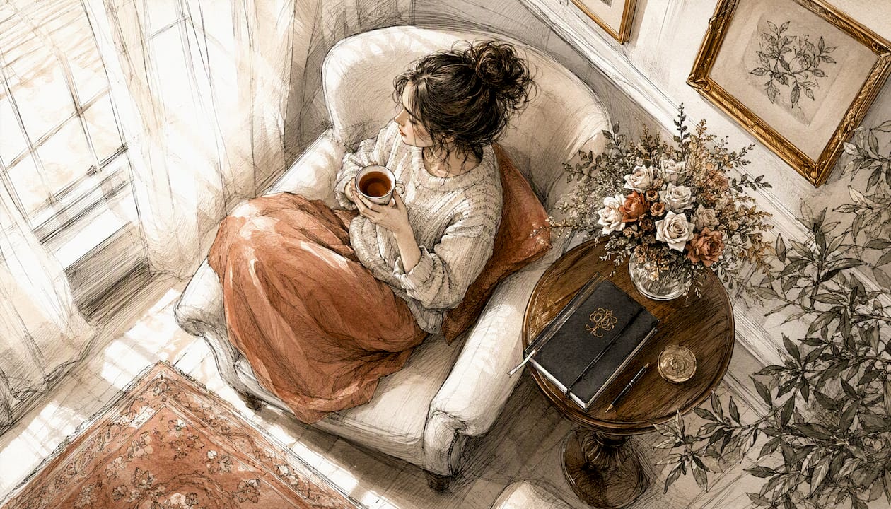 Woman holding tea cup by window in contemplation