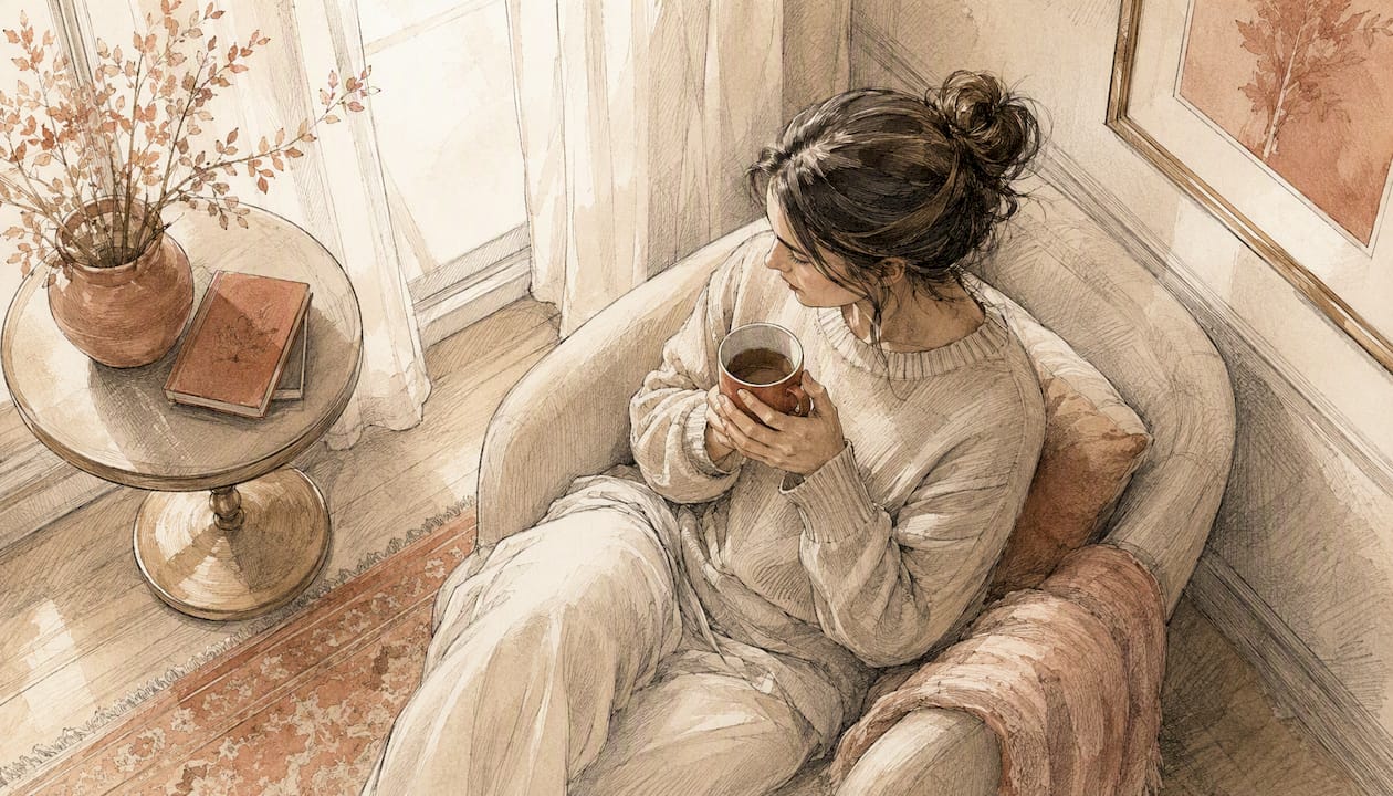 Woman quietly reflecting with mug in softly lit room