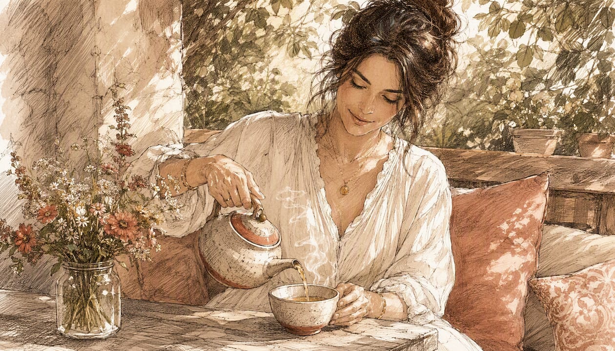 Woman pouring herbal tea in cozy room watercolor