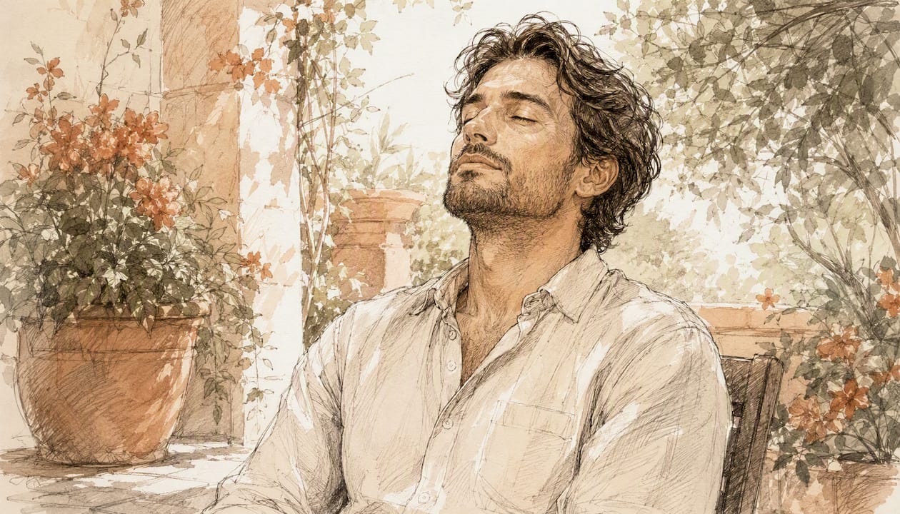 Man taking calming breath in cozy room watercolor