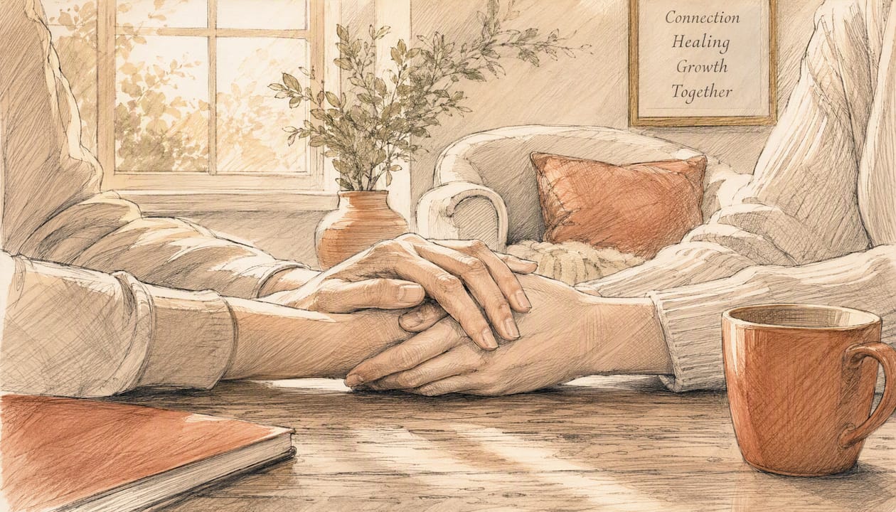 Hands clasped in supportive gesture
