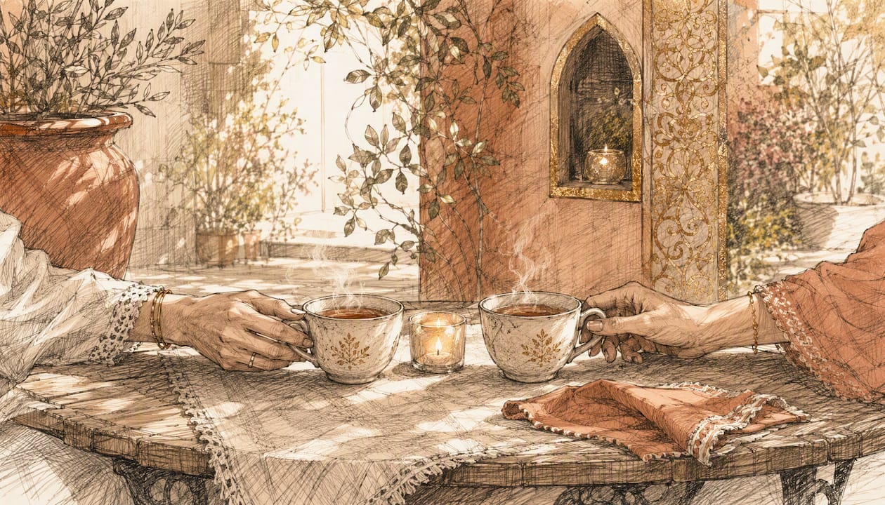 Two tea cups on table in warm therapy room