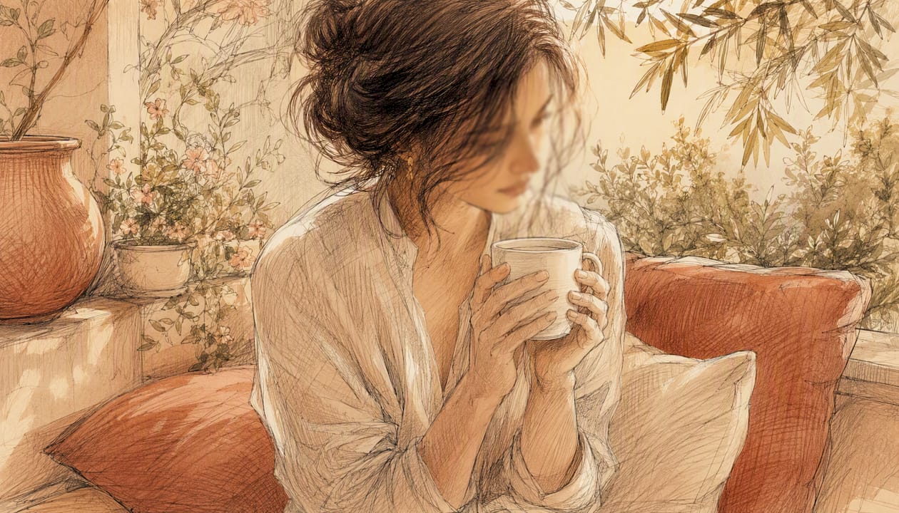 Woman quietly holding mug in reflective pose