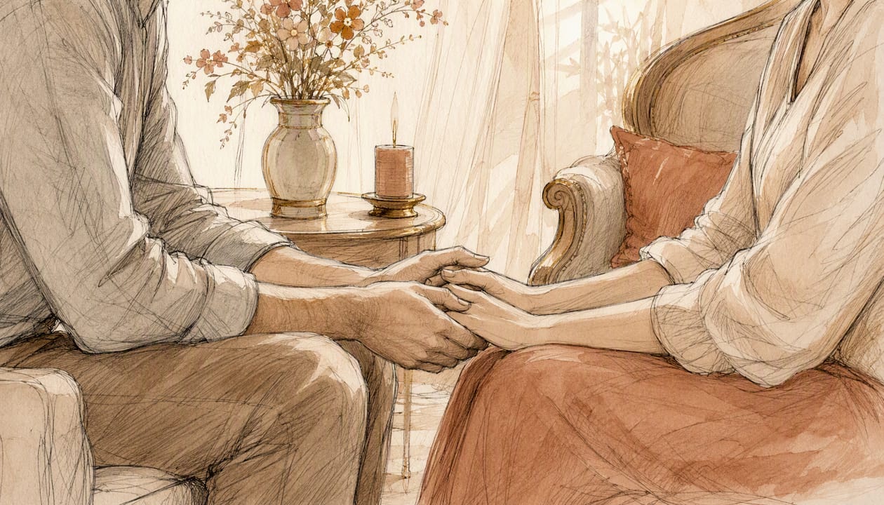 Couple rebuilding trust holding hands in pastel tones