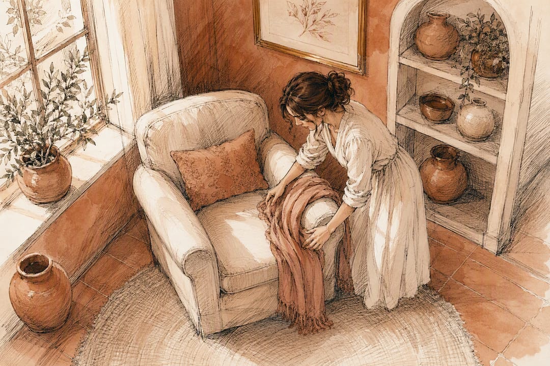 Woman arranging chair with scarf in cozy corner