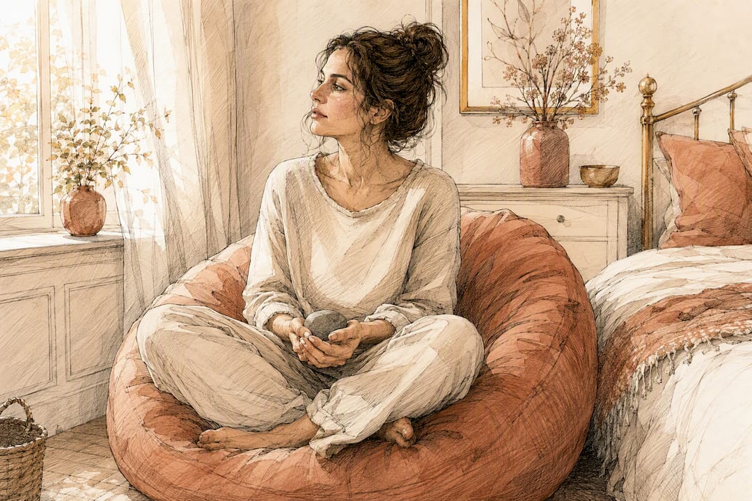 Woman self-soothing in armchair softly lit