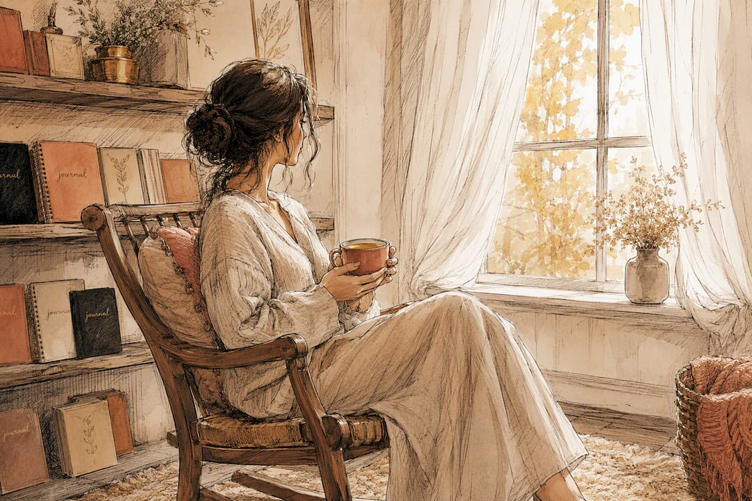Watercolor woman recovering, holding tea cup