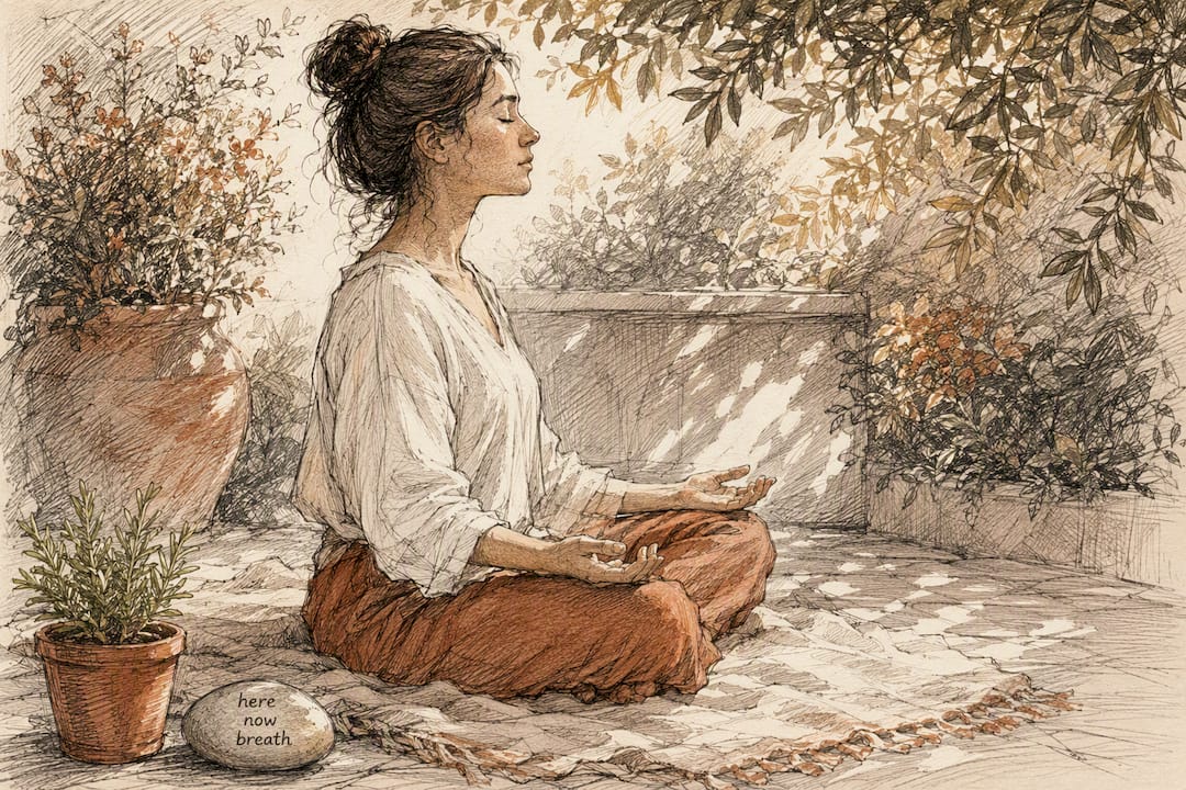 Woman performing grounding breathing exercise watercolor