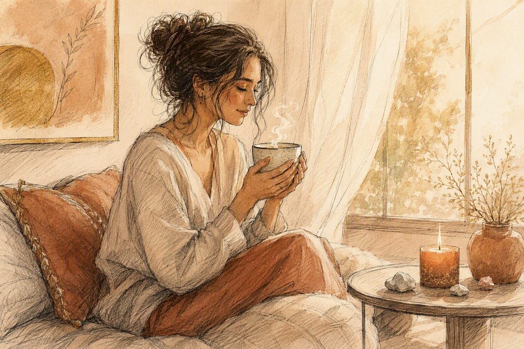 Watercolor painting of woman reflecting with warm drink
