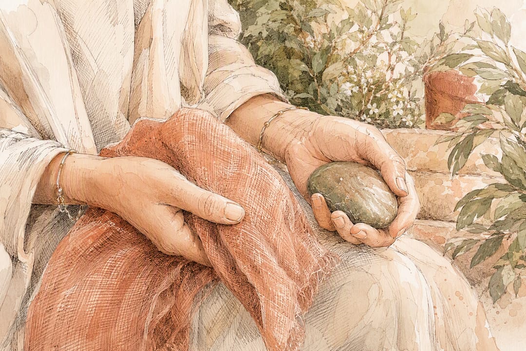 Hands holding scarf and stone for sensory grounding