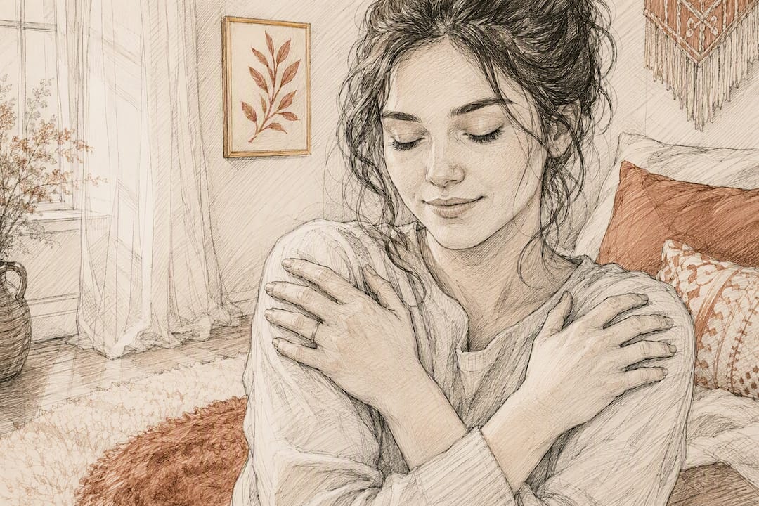Woman doing Butterfly Hug grounding technique