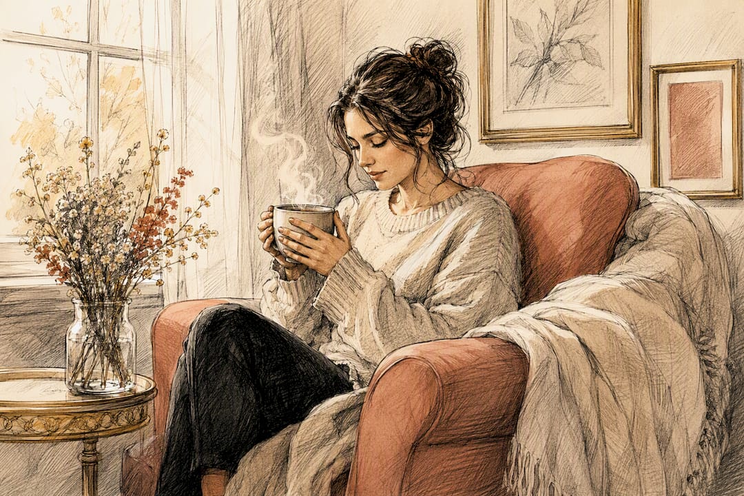Woman holding tea calmly in pastel room