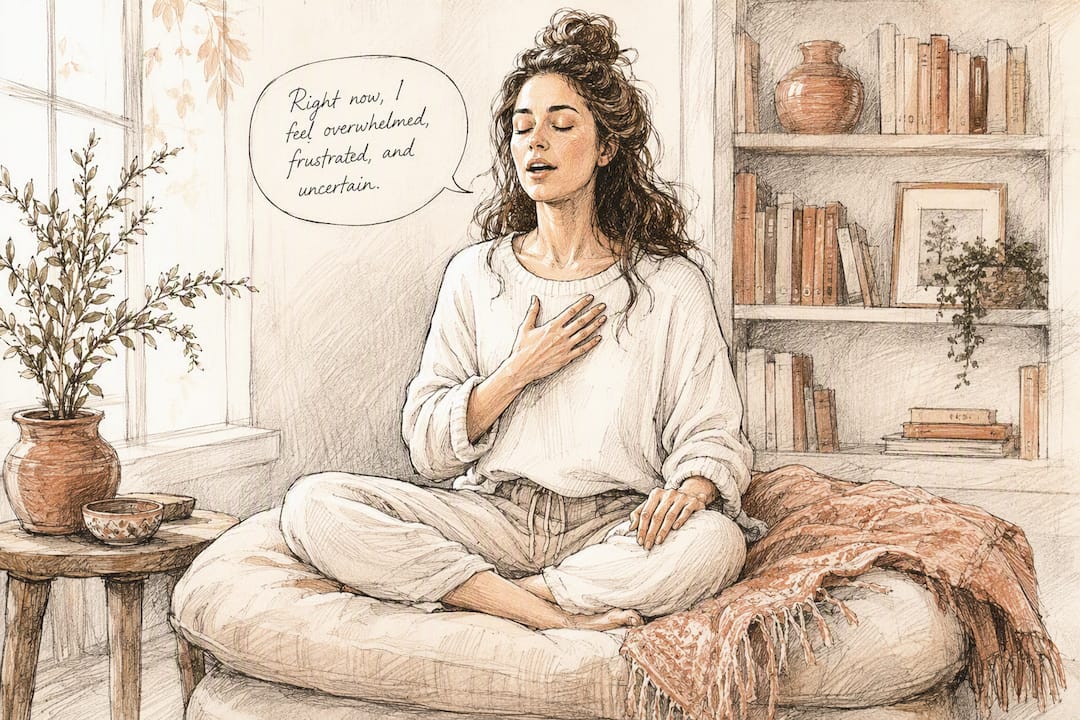 Woman speaking emotions aloud in pastel room