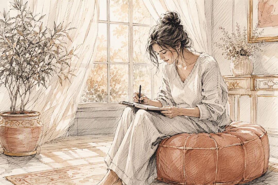 Woman writing journal in pastel therapy room