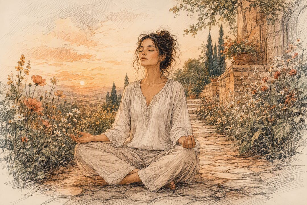 Woman practicing calming breathing outdoors