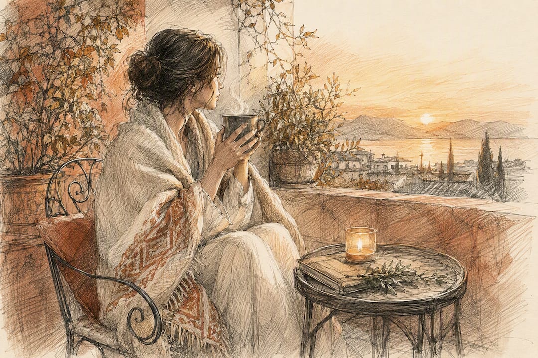 Woman self-soothing by a window after trauma