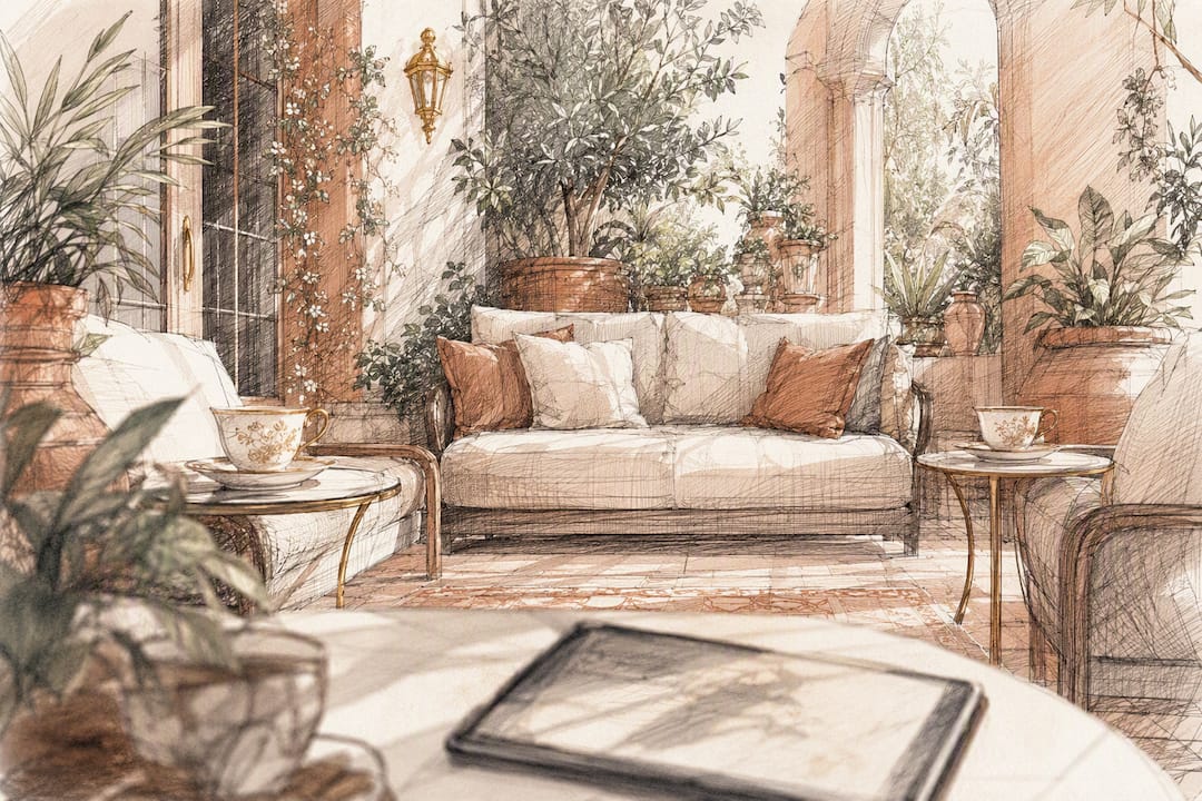 Watercolor home interior showing subtle separation